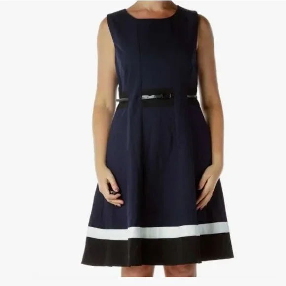 NWT Calvin Klein Woman Belted Navy Blue Fit&Flare Dress: Size 18W - Picture 1 of 13